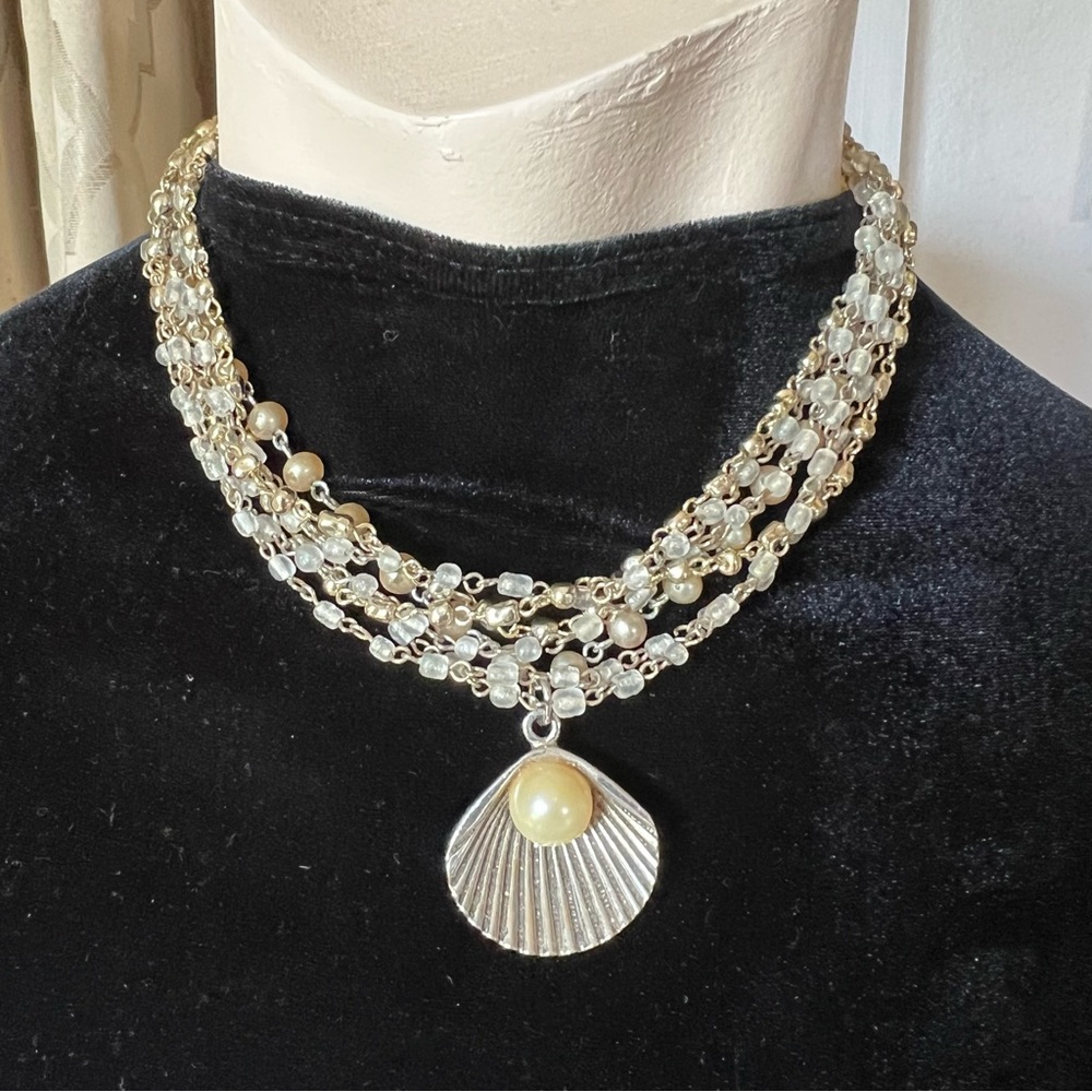 Vintage Jewelry Stacking Necklaces lot of 2 Shell Pearl Chain Silver Mermaid